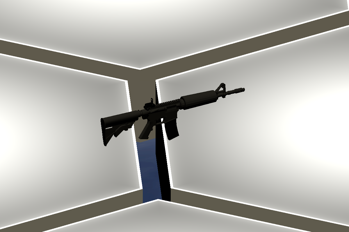 The actual gray Machine Gun pickup model floating above the game’s hexagonal floor.