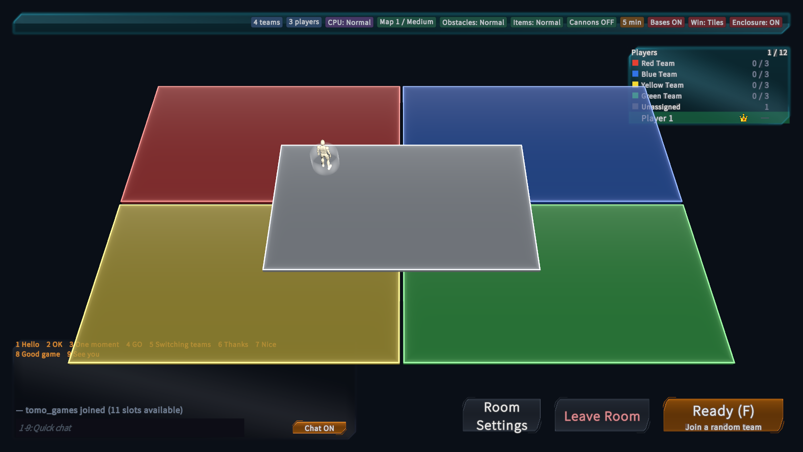 English lobby: team areas, participant list, chat and room controls.